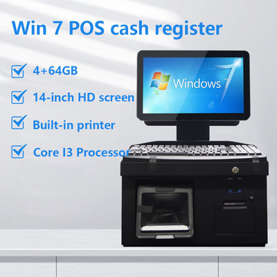 14 polegadas tela de toque dupla Win7 POS caixa registrador i3 Cpu 4 + 64GB Desktop POS Terminal com impressora, teclado, scanner