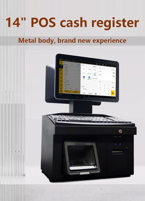 14 polegadas tela de toque dupla Windows7 POS caixa registrador i3 Cpu 4 + 64GB Desktop POS Terminal com impressora, teclado, scanner