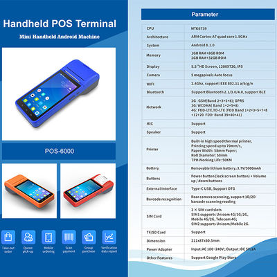 Sistema POS Android portátil de 5,5" Máquina registradora com tela sensível ao toque Terminal POS móvel WiFi USB NFC Pagamento para varejo Azul