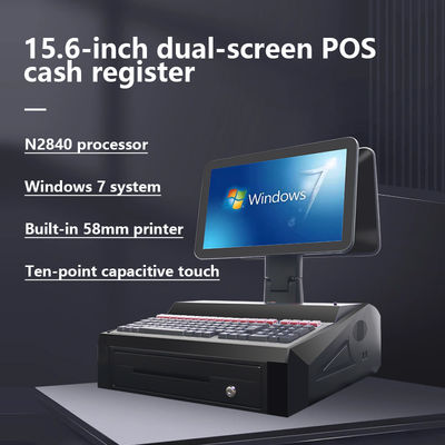 OEM ODM Caixa registradora POS Win 7 de tela dupla de 15,6 polegadas N2840 CPU 2+32GB Terminal POS de mesa com impressora de 58 mm, teclado
