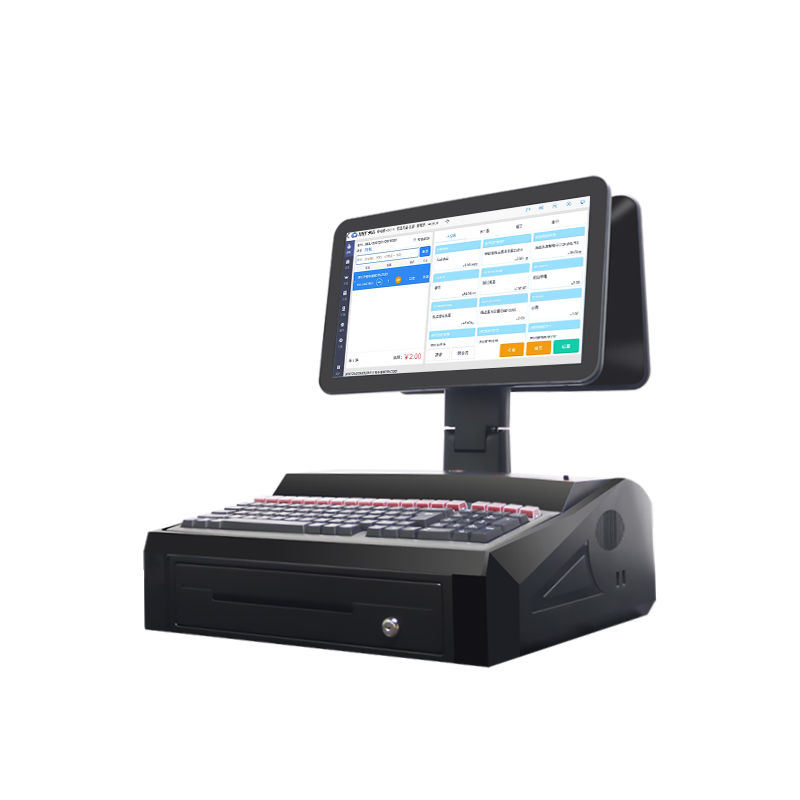 OEM ODM Caixa registradora POS Win 7 de tela dupla de 15,6 polegadas N2840 CPU 2+32GB Terminal POS de mesa com impressora de 58 mm, teclado