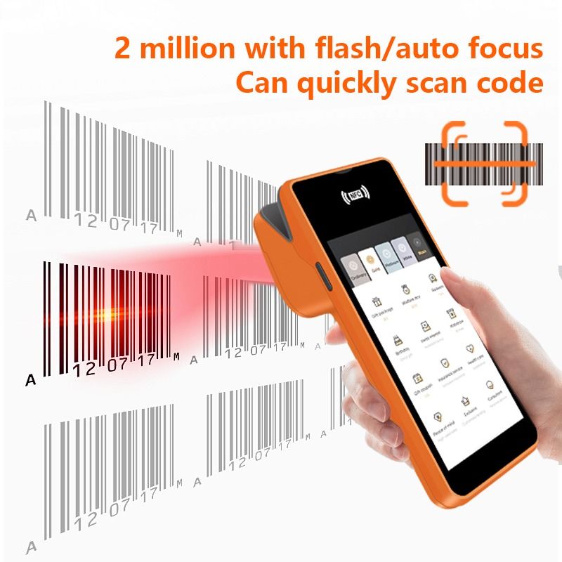 Máquina POS portátil de 5,45 polegadas, terminal de pagamento móvel NFC inteligente, sistema POS laranja com impressora e câmera